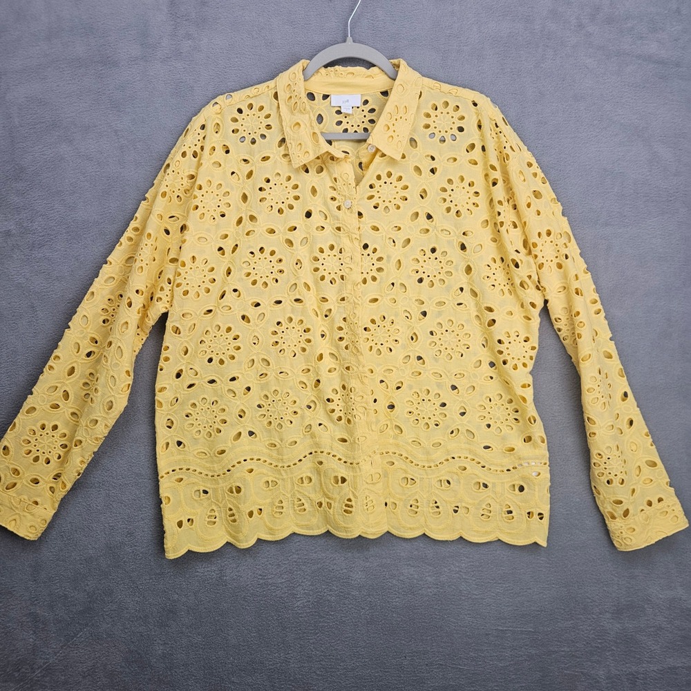 J. Jill Yellow Eyelet Cotton Button Down Shirt Scallop Hem Cottagecore Size L
